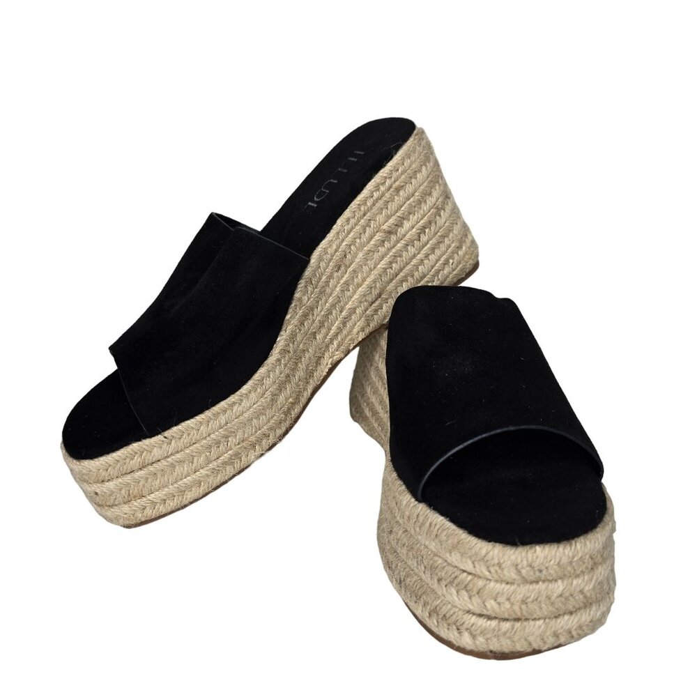 Illude Womens Black Suede Wedge Espadrille Sandals Size 6 like new tried on